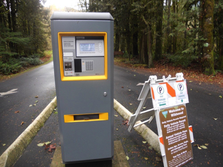 Day use permit credit card pay station at entrance – sign with permit fees – shows who doesn't need to pay